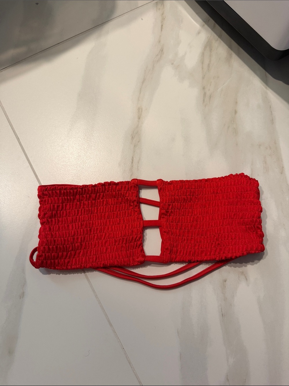 Red Smocked Bandeau Bikini Top with Thin Straps